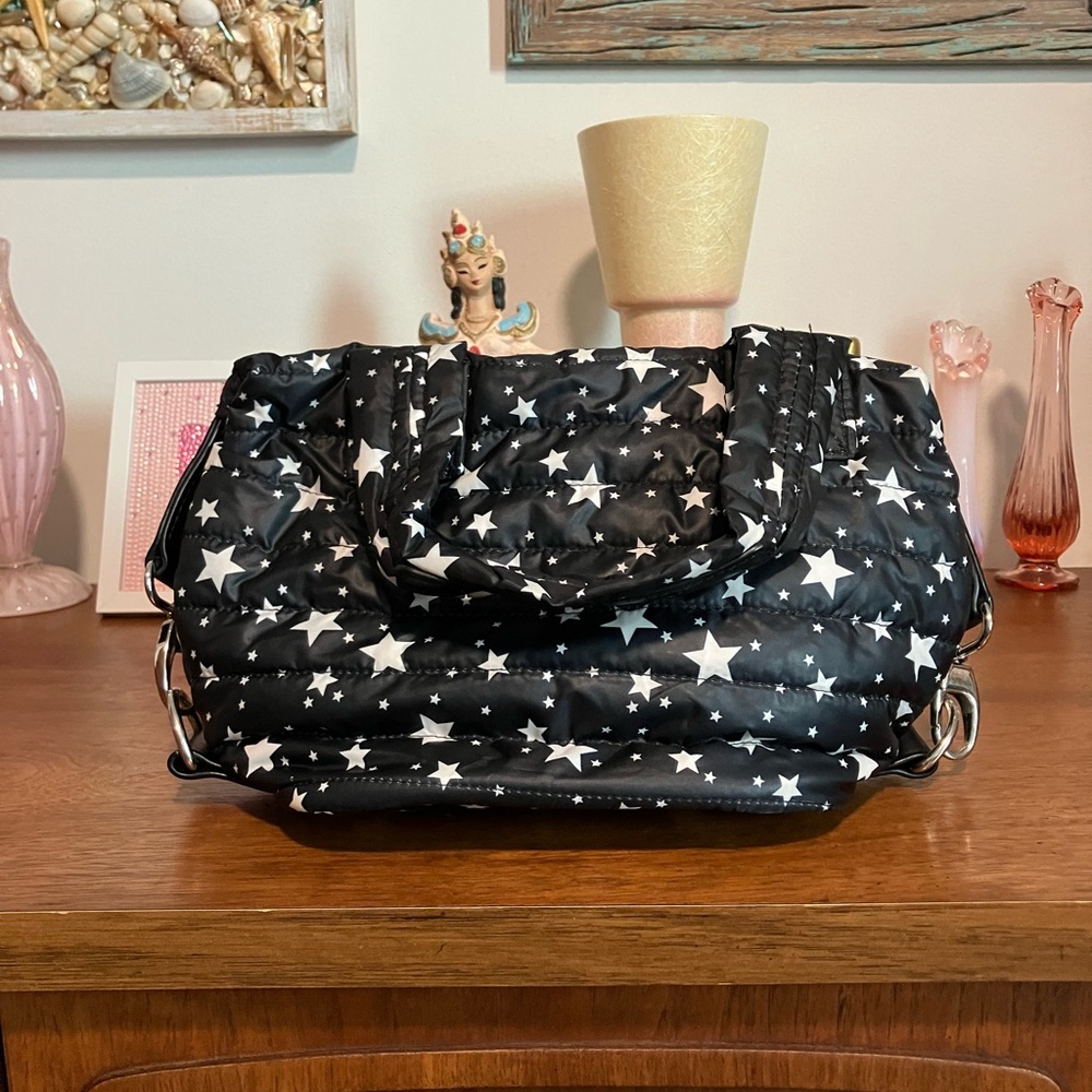 Sondra Roberts Squared Black Star Pattern Nylon Quilted Puffer Crossbody  Bag